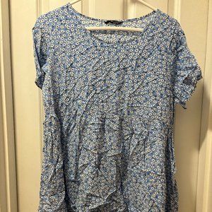 Blue and White Floral Print Smock Dress